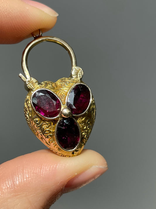 Antique Late Georgian 14K Yellow Gold Garnet Padlock Heart Locket Charm Pendant