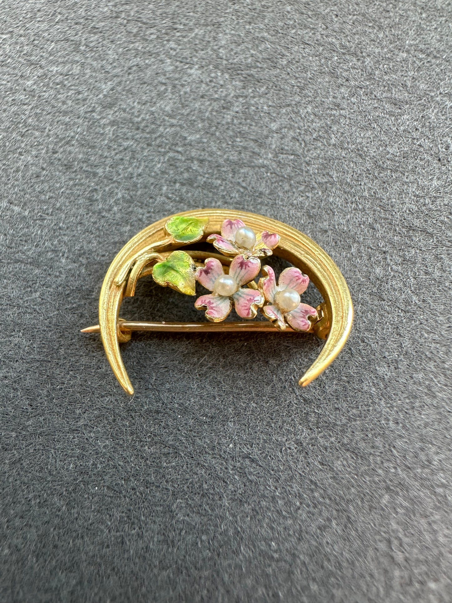 Vintage 14K Gold Krementz and Co. Pink Enamel Flower Crescent Floral Brooch