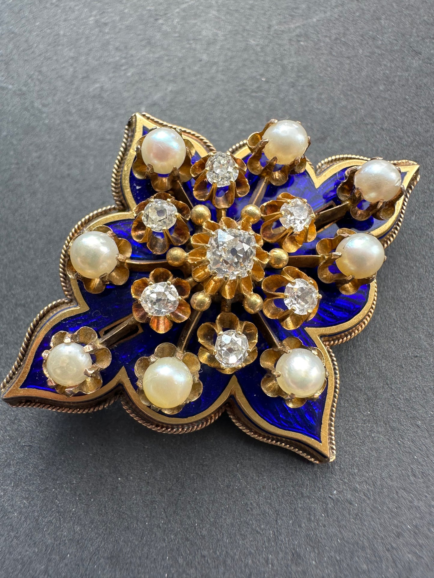 古董 14K 金珐琅天然珍珠钻石小盒胸针
