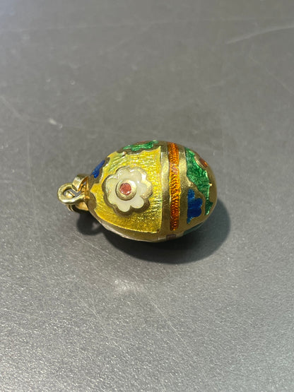Vintage 18K Yellow Gold Floral Enamel Egg Charm Pendant