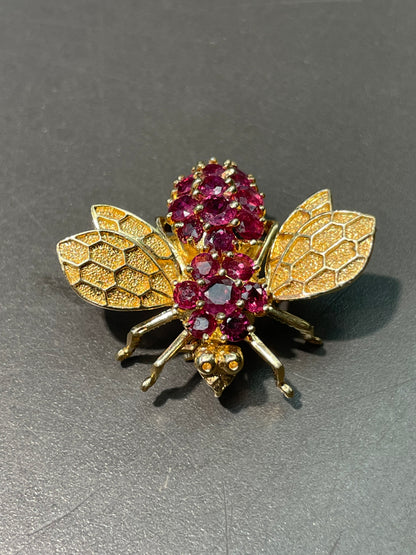 Vintage 14K Yellow Gold Ruby Bee Pendant Brooch