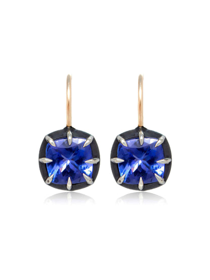 Antique Inspired 14K Gold Silver Tanzanite Collet-Set Earring