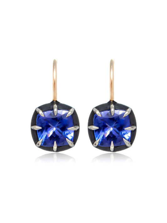 Antique Inspired 14K Gold Silver Tanzanite Collet-Set Earring