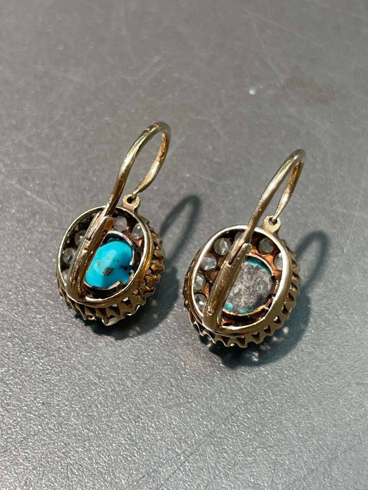 Victorian 14K Yellow Gold Persian Turquoise 0.91 CTW Diamond Halo Dormeuse Earring
