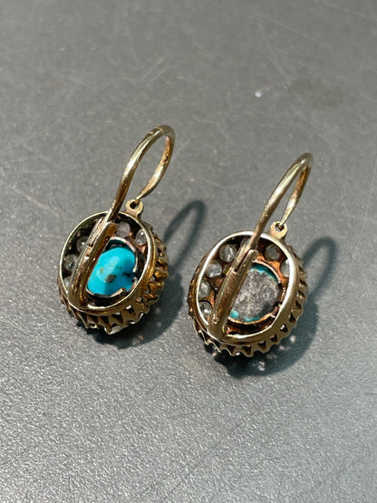 Victorian 14K Yellow Gold Persian Turquoise 0.91 CTW Diamond Halo Dormeuse Earring