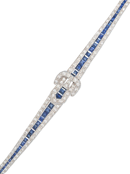 Art Deco Style 18K Gold Sapphire Diamond Buckle Bracelet