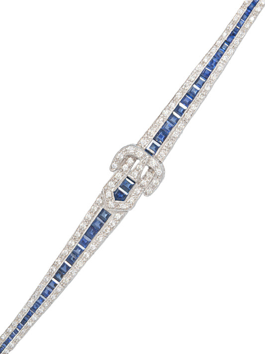 Art Deco Style 18K Gold Sapphire Diamond Buckle Bracelet