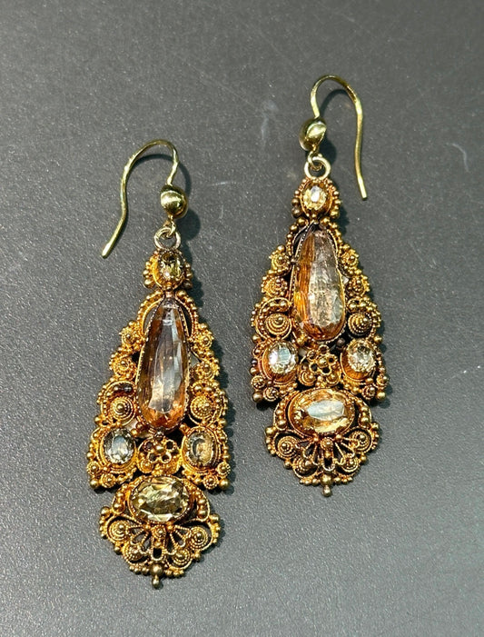 Late Georgian 14K Gold Yellow Topaz Drop Earring