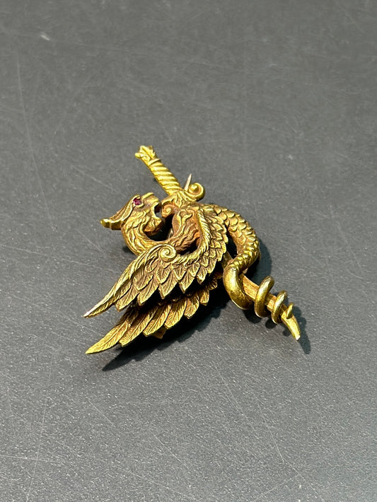 Art Nouveau Rikers Bros. Broche Dragon Griffin en or 14 carats