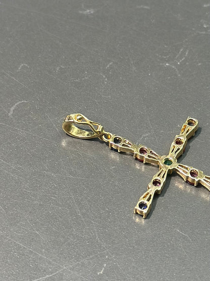 14K 金蓝宝石红宝石绿宝石十字架吊坠