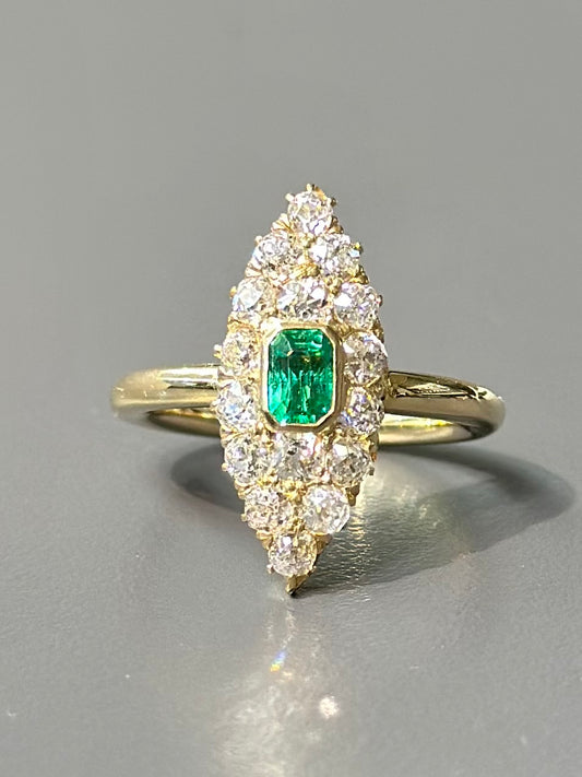 Antique 14K Gold Emerald Diamond Navette Ring SZ 6.75