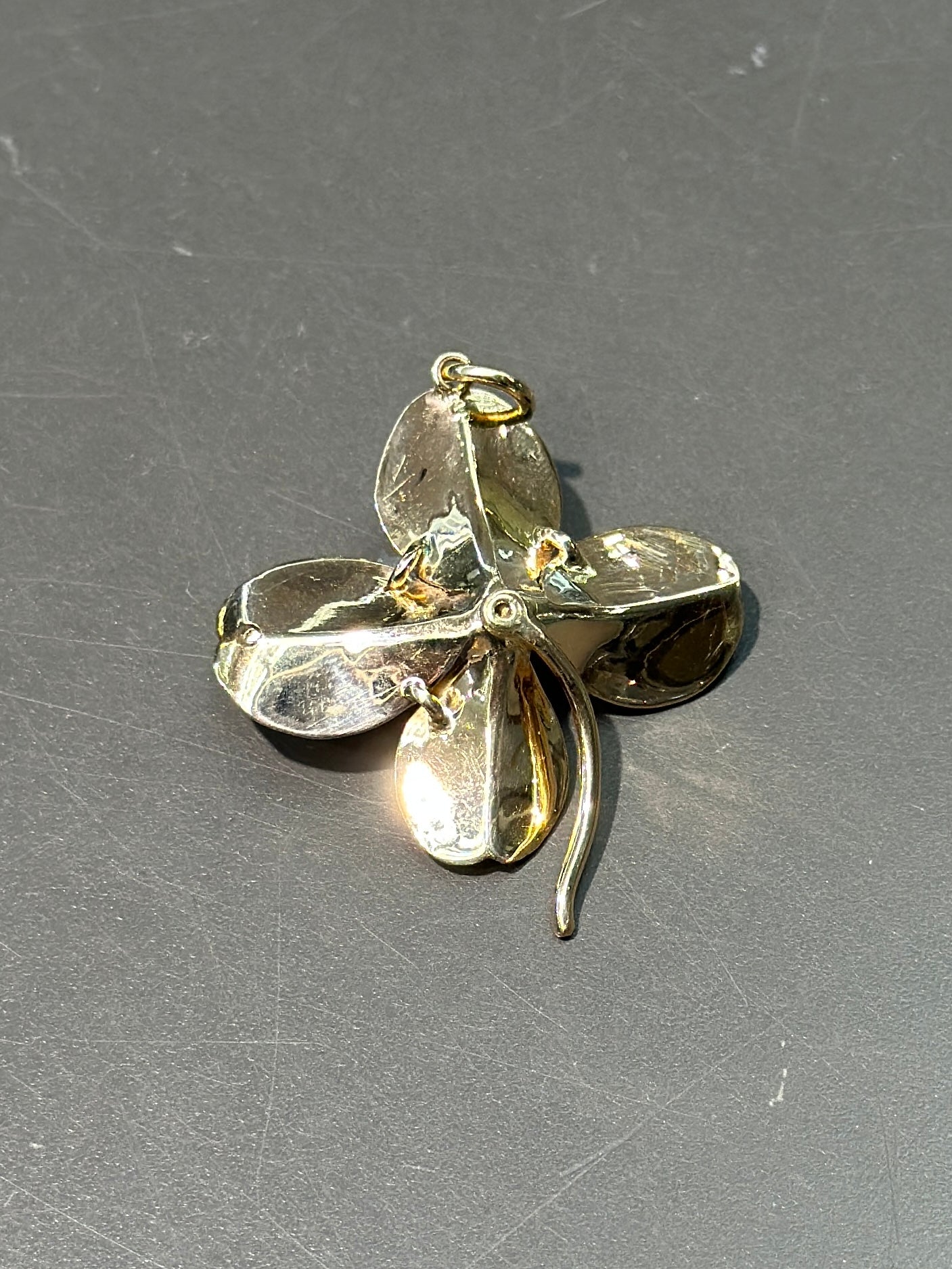 Art Nouveau 14K Gold Green Enamel Clover Pendant Charm