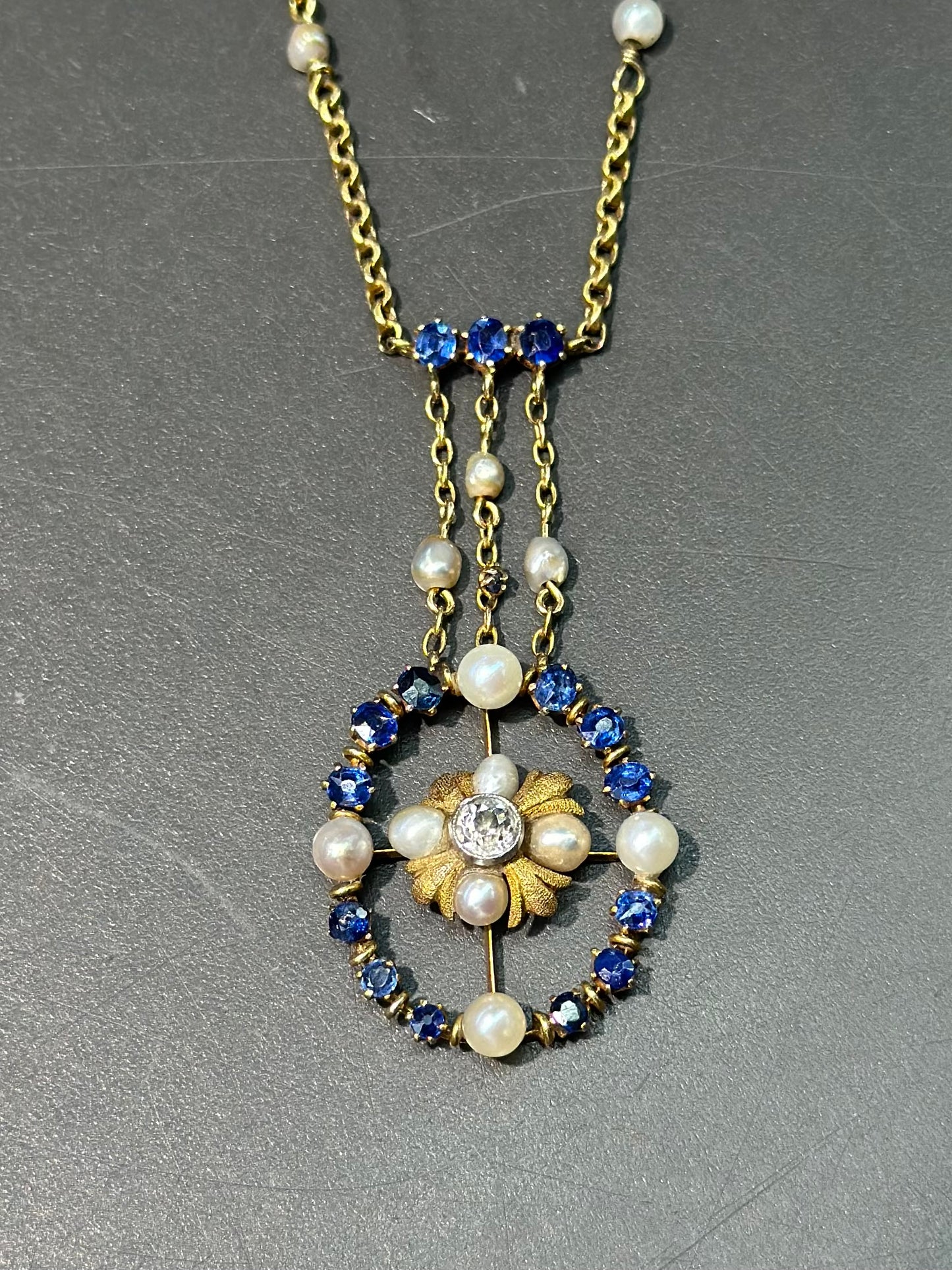 Edwardian 14K Gold Sapphire Pearl Diamond Necklace