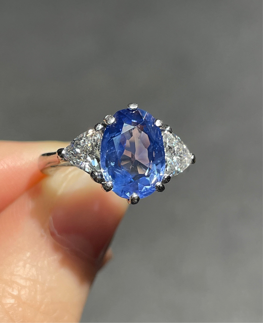 Platinum 3.66 CTW No Heat Ceylon Sapphire Diamond Three Stone Ring