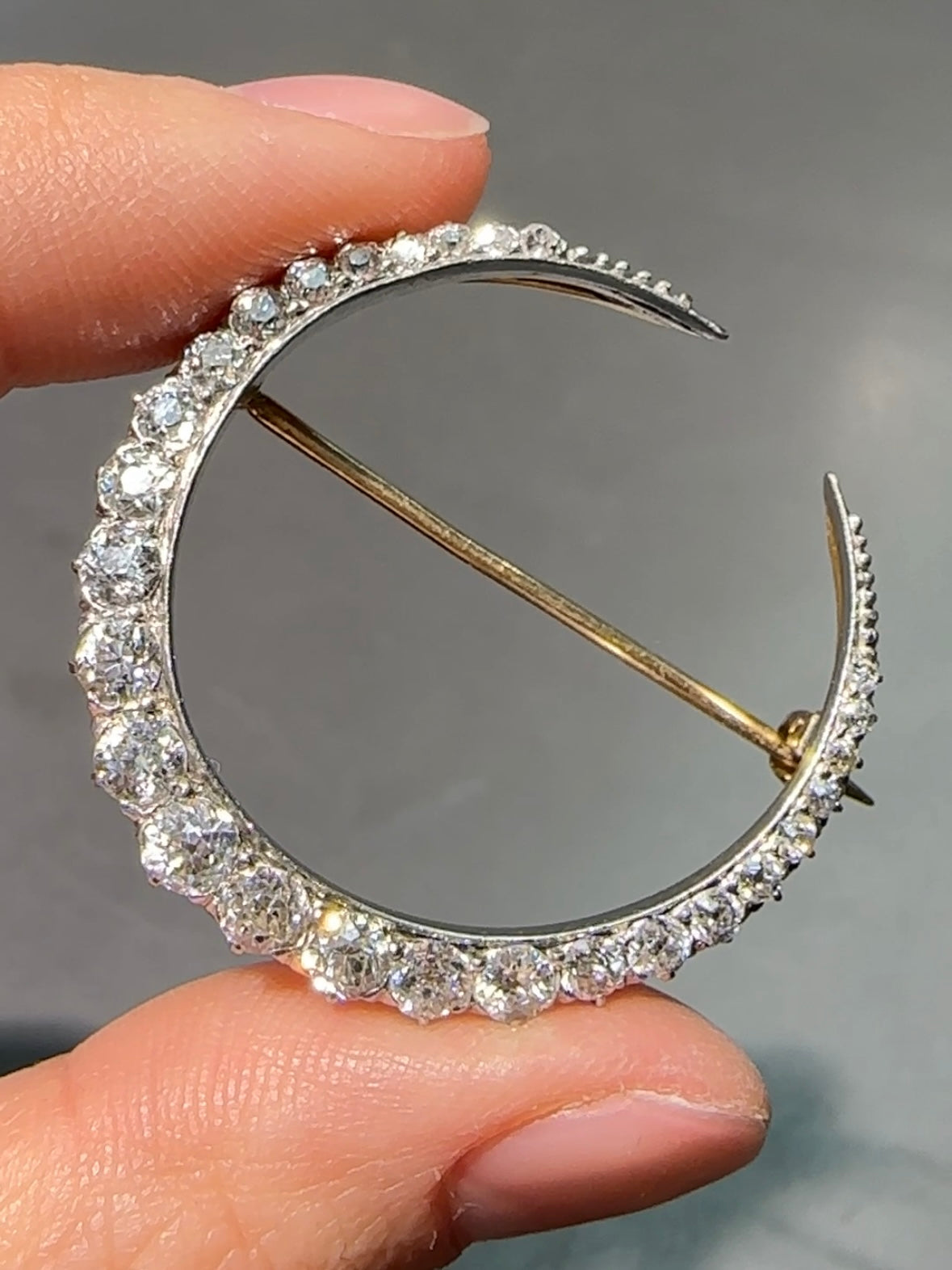 Antique 18K Gold Platinum 2.80 CTW Diamond Crescent Brooch