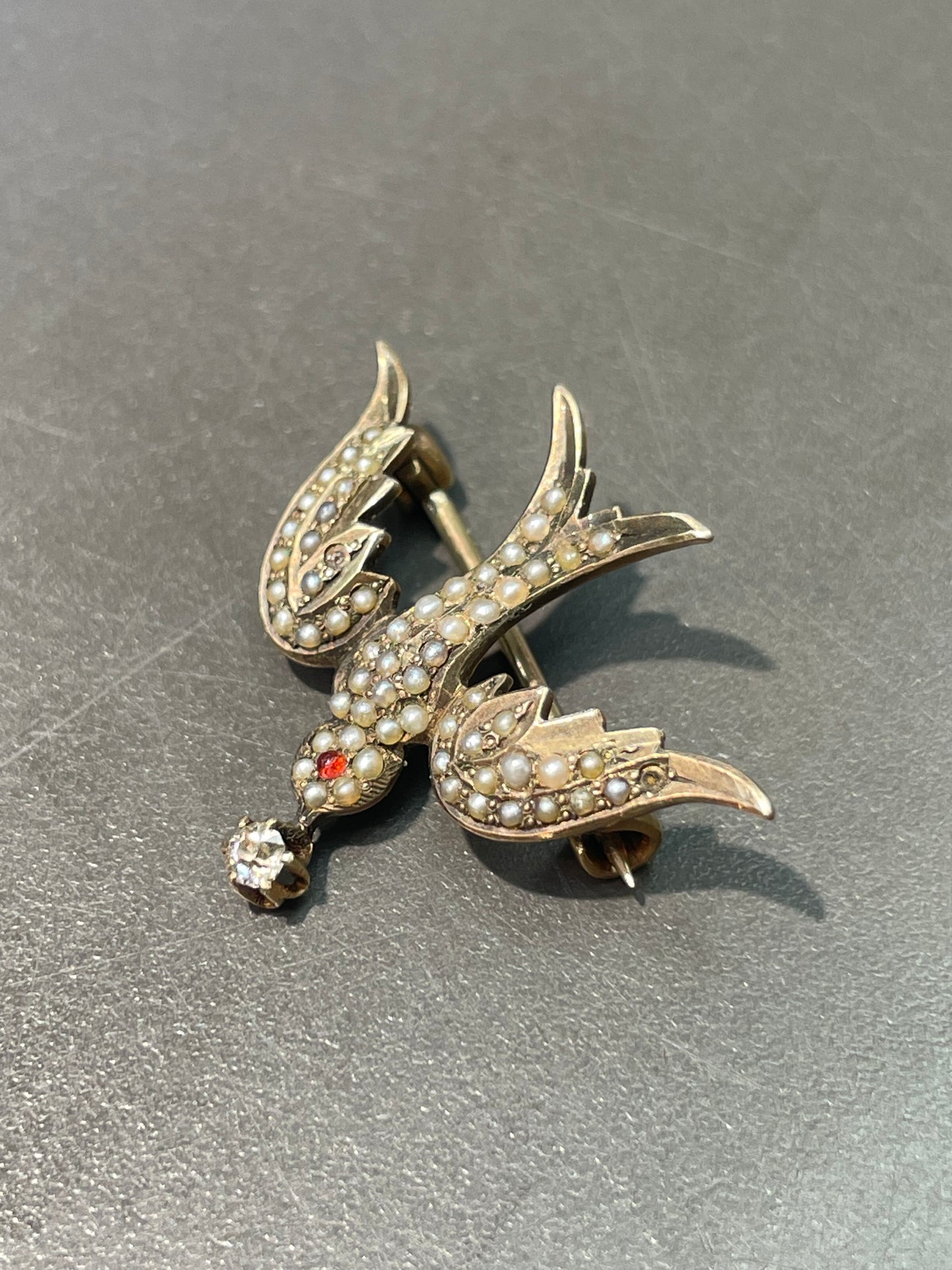 Vintage 14K Yellow Gold Seed Pearl Diamond St. Esprit Dove Brooch