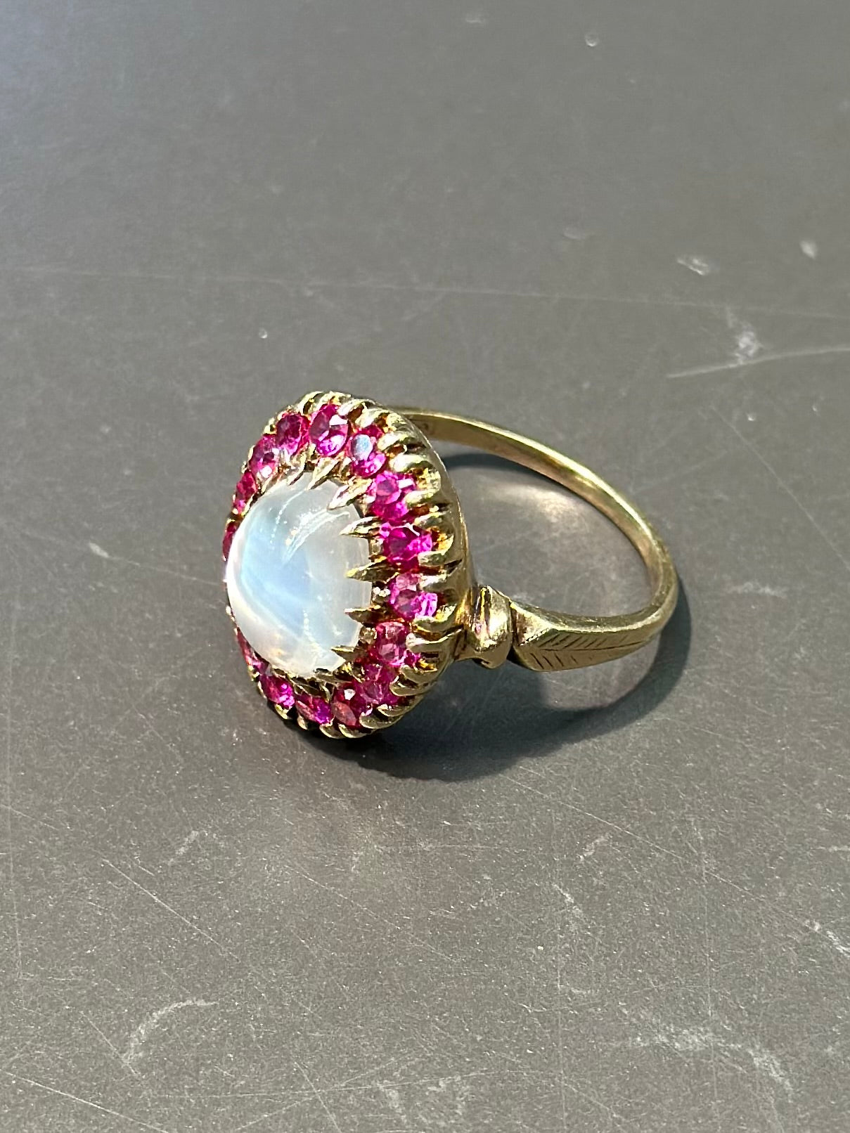 Victorian 10K Gold Moonstone Ruby Halo Ring