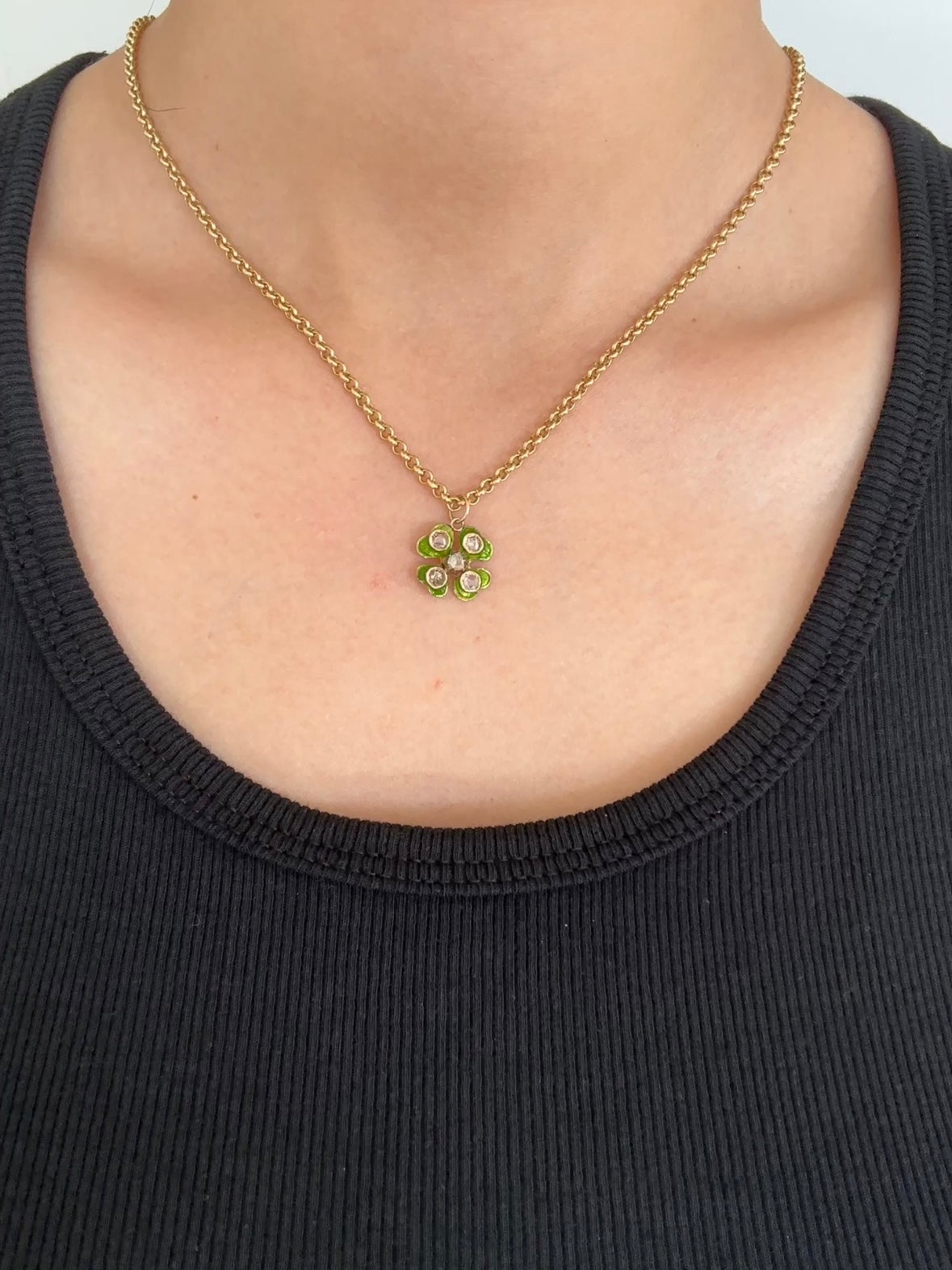 Antique 14K Yellow Gold Enamel 0.40 CTW Diamond Clover Shamrock Charm