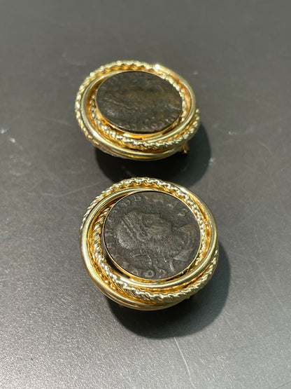 Vintage 14K Yellow Gold Roman Coin Earring