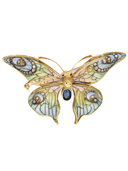 Art Nouveau 14K Yellow Gold Plique-a-Jour Sapphire Diamond Butterfly Brooch