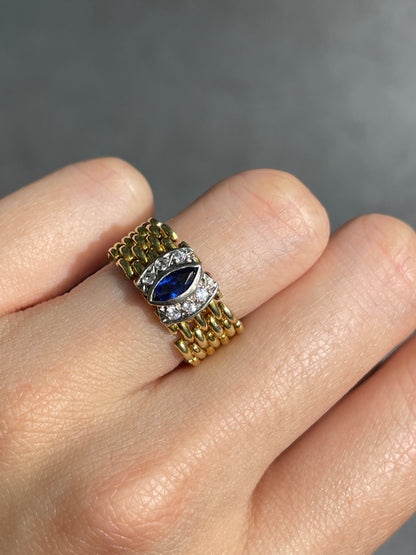 Vintage 18K Gold Sapphire Diamond Flexible Chain Ring