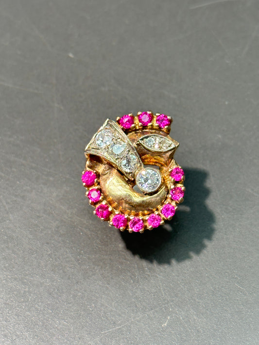 Retro 14K Gold Ruby and Diamond Tank Ring