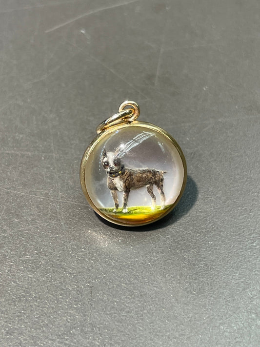 古董 14K 金反向彩绘埃塞克斯水晶“斗牛犬”吊坠饰品