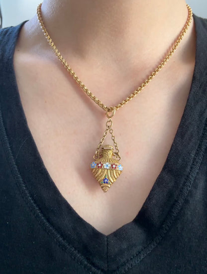 Antique 18K Gold Enamel Forget Me Not Perfume Bottle Pendant