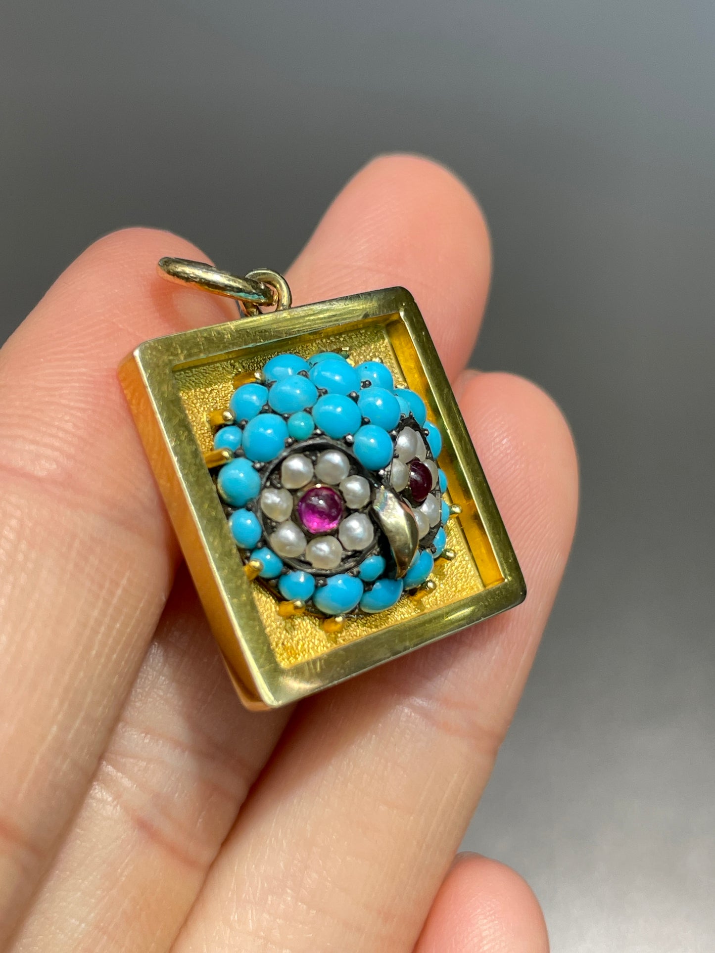 Victorian 14K Gold Turquoise Ruby Pearl Owl Pave Pendant