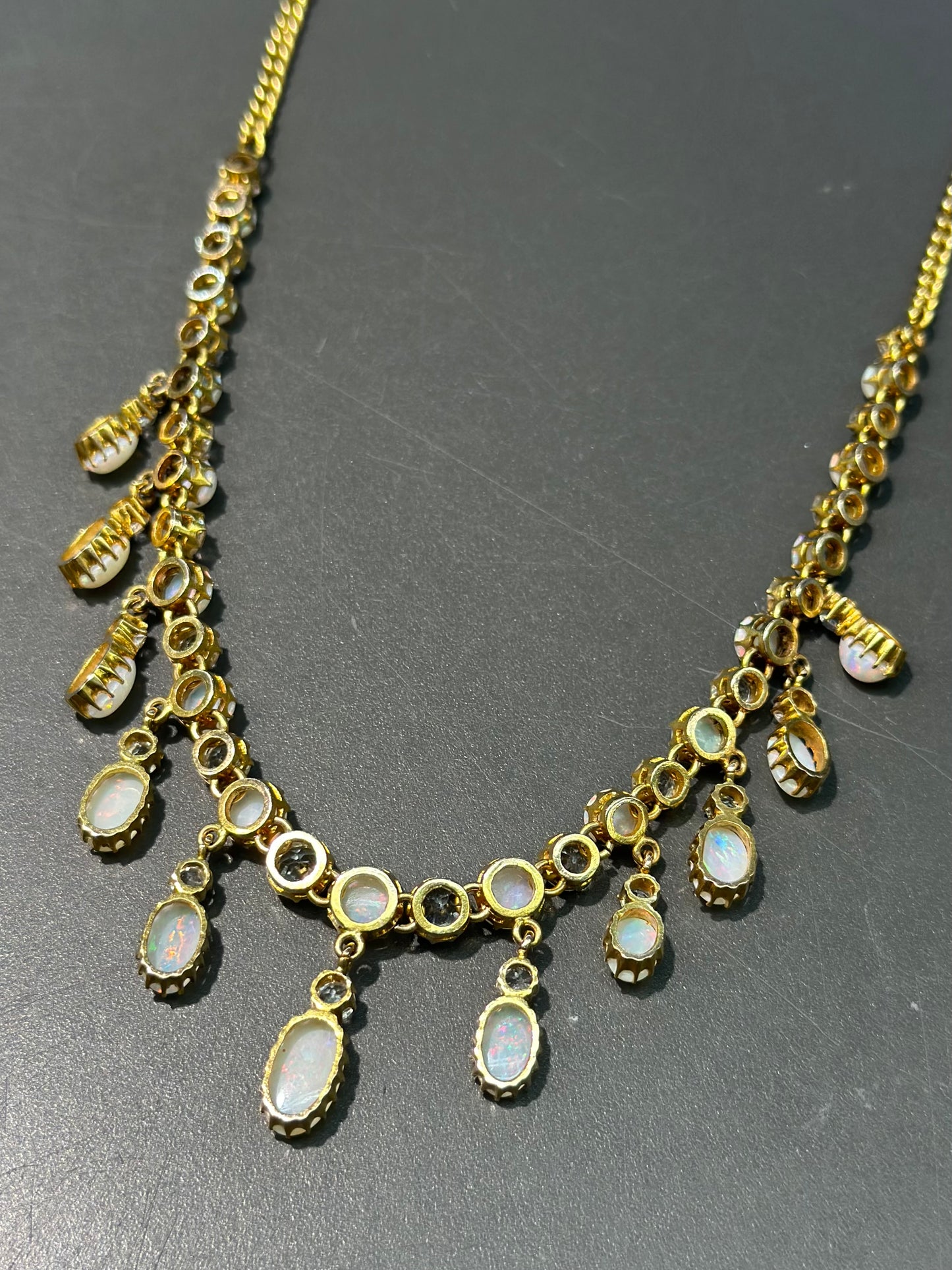 Victorian 15K Gold Opal Sapphire Fringe Necklace