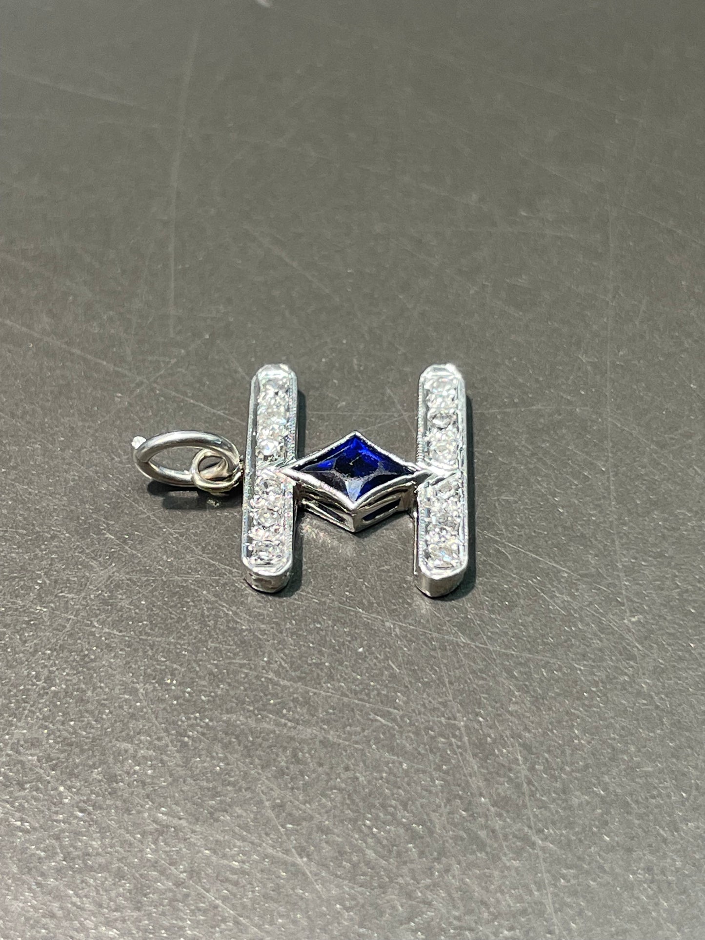 Art Deco Platinum Sapphire 0.18ct Diamond Motif Charm