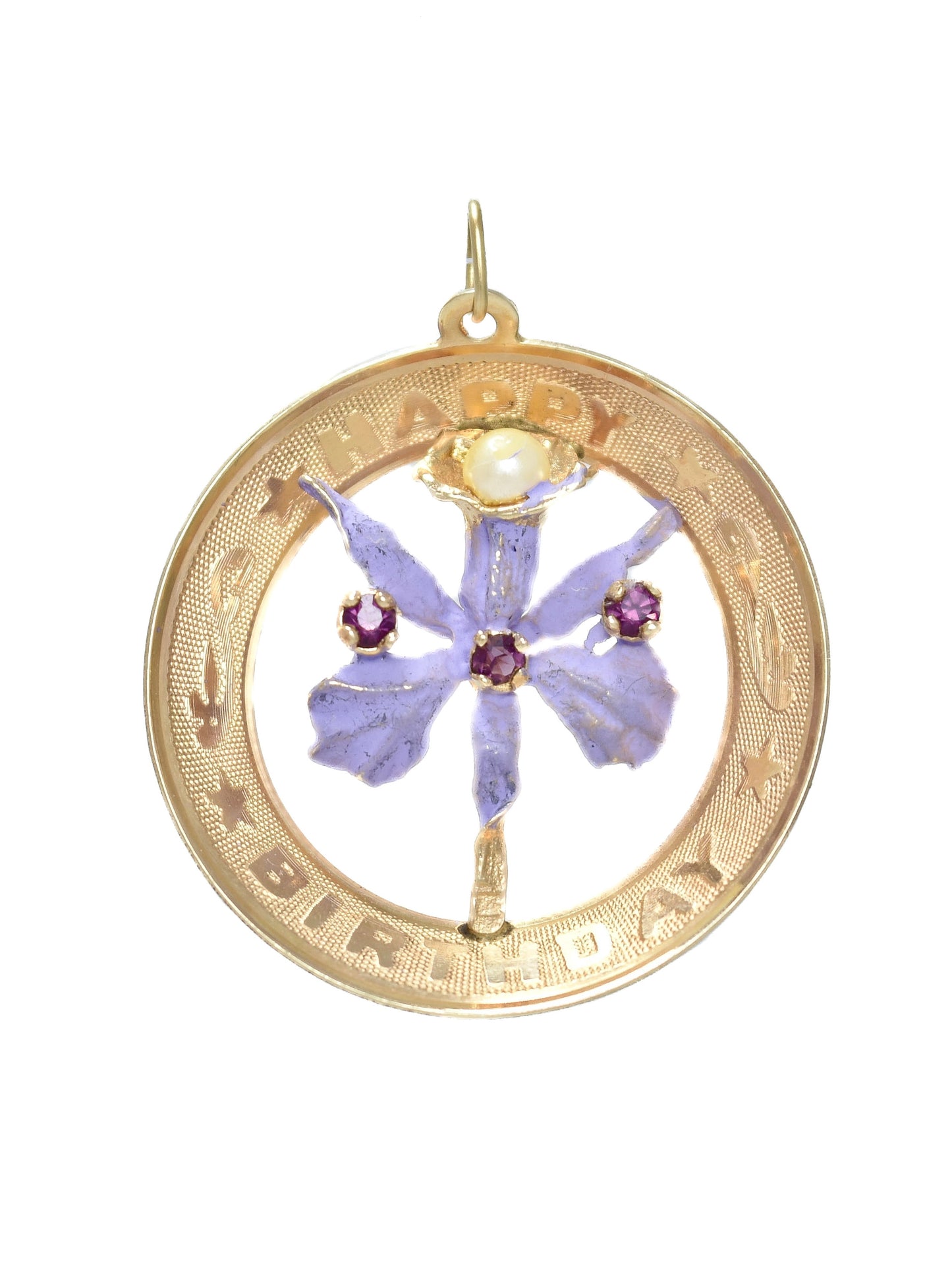 Vintage 14K Gold Flower Enamel Happy Birthday Charm
