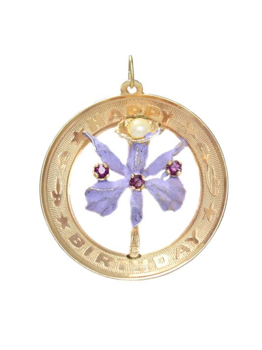 Vintage 14K Gold Flower Enamel Happy Birthday Charm