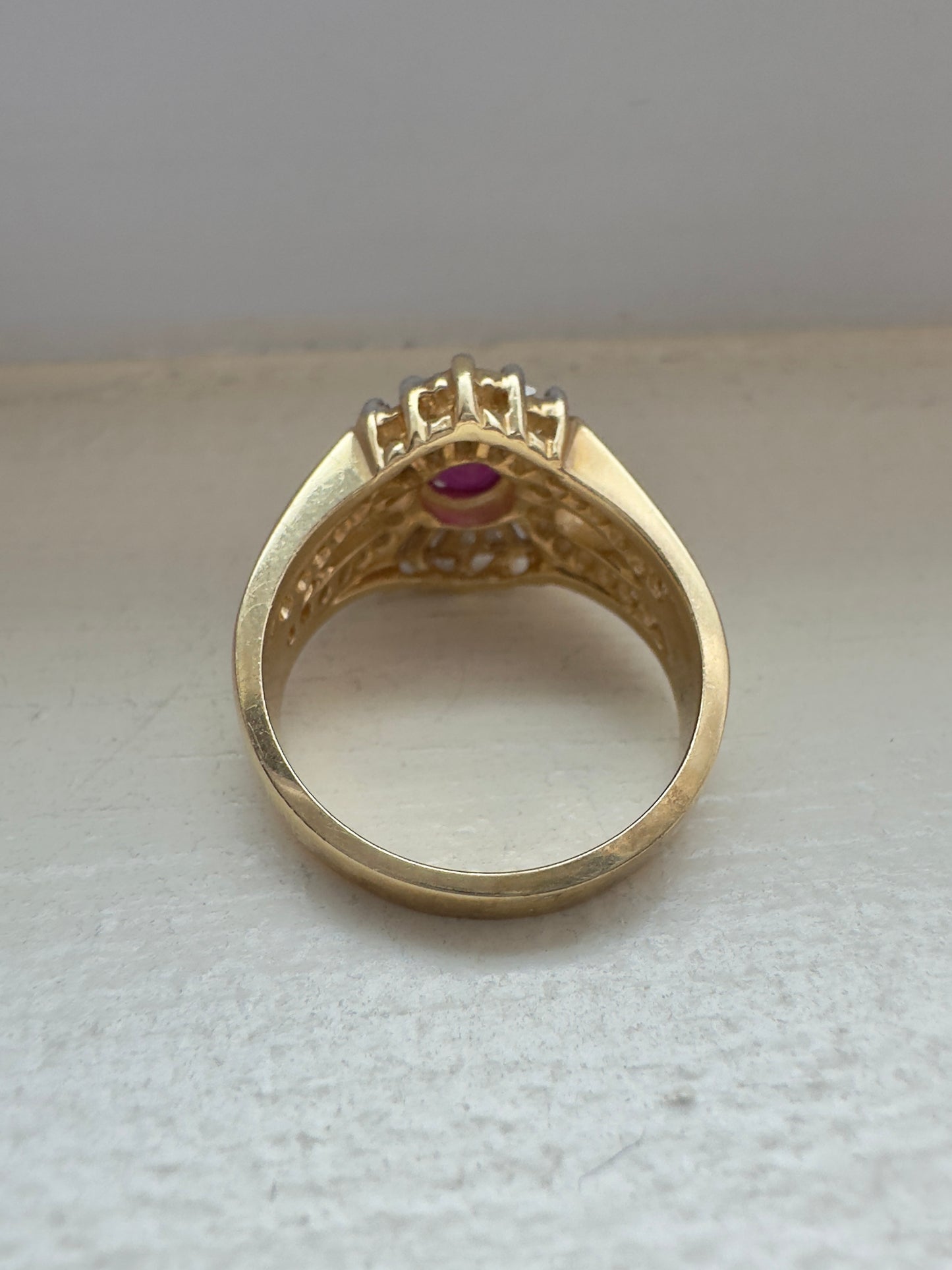 复古 14K 金红宝石钻石戒指