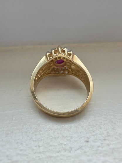 复古 14K 金红宝石钻石戒指