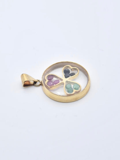 复古 14K 金蓝宝石红宝石绿宝石三叶草摇动器吊饰