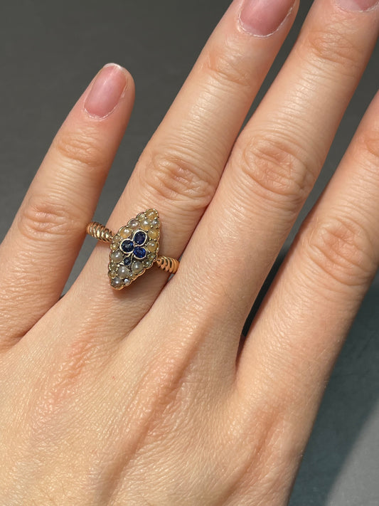 古董 14K 金蓝宝石种子珍珠三叶草戒指 尺寸 7