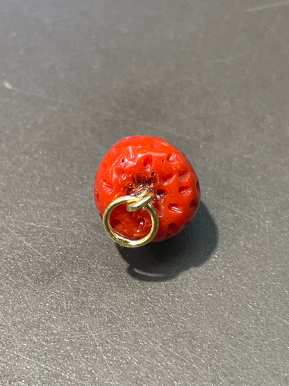 18K Gold Large Coral Carved Strawberry Charm