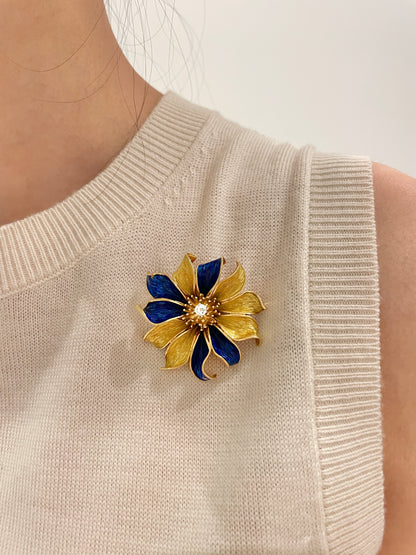 Tiffany & Co. 18K Gold Enamel Diamond Flower Brooch