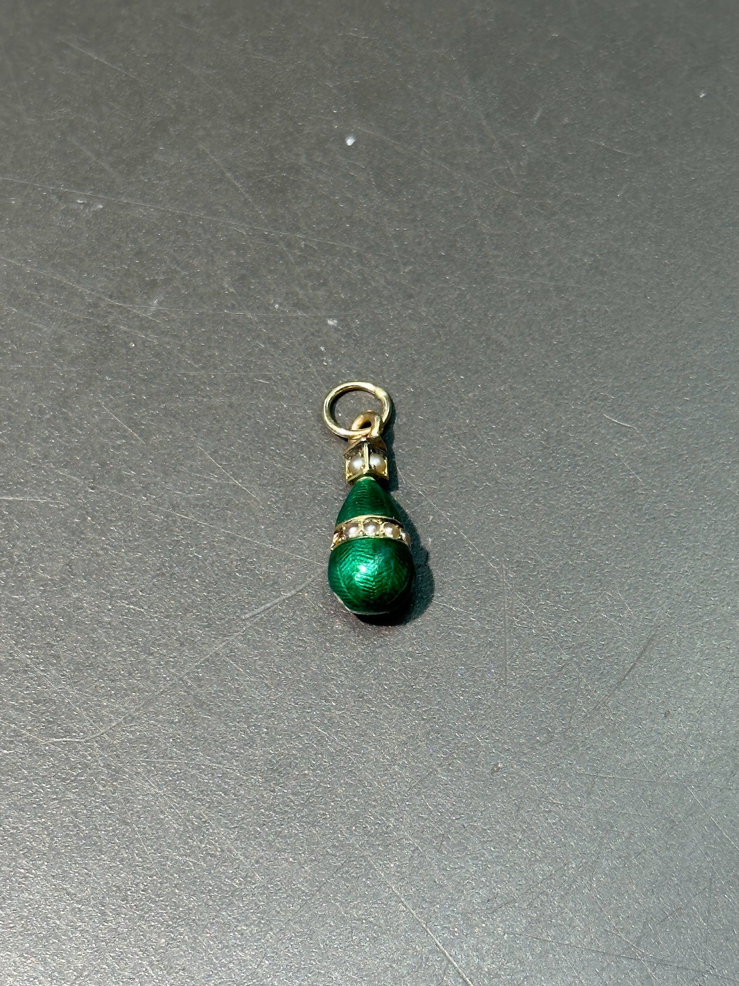 Antique 14K Gold Green Enamel Seed Pearl Drop Charm