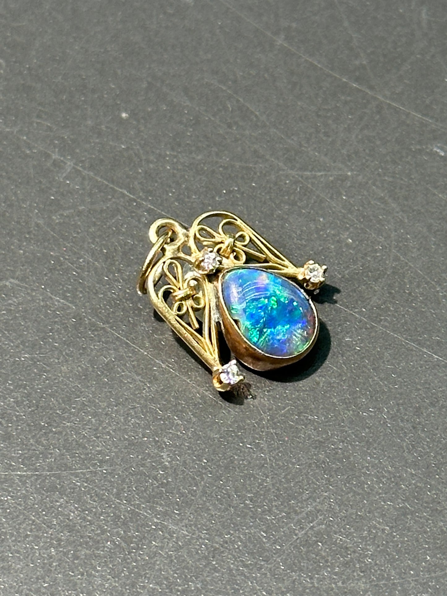 Art Nouveau 14K Gold Black Opal Diamond Filigree Charm