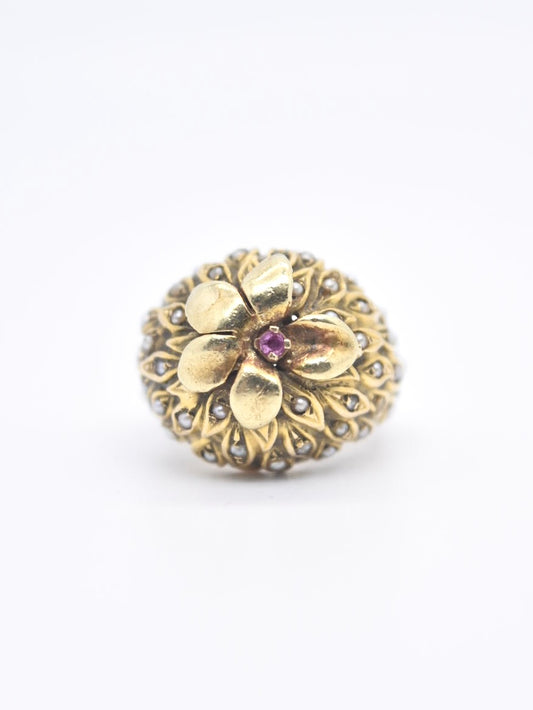 Vintage 14K Gold Ruby and Pearl Dome Dome Ring