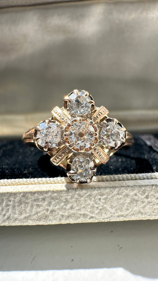 Victorian 15K Gold 1.25 CTW Old Mine Cut Diamond Quatrefoil Ring