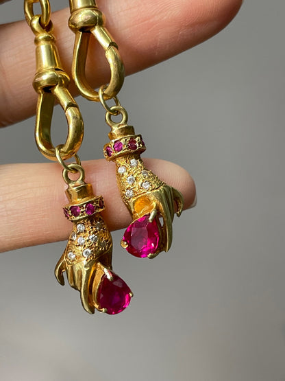 Antique 18K Gold Figural Hand with Ruby Diamond Pendant