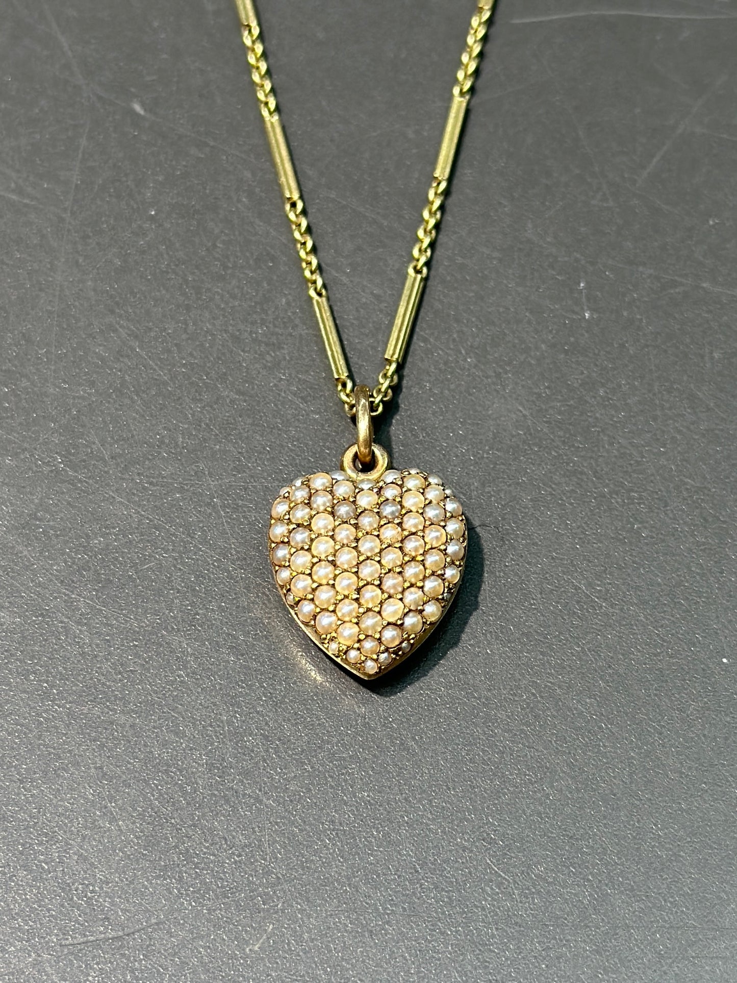 Victorian 14K Seed Pearl Heart Locket Necklace 18.0”