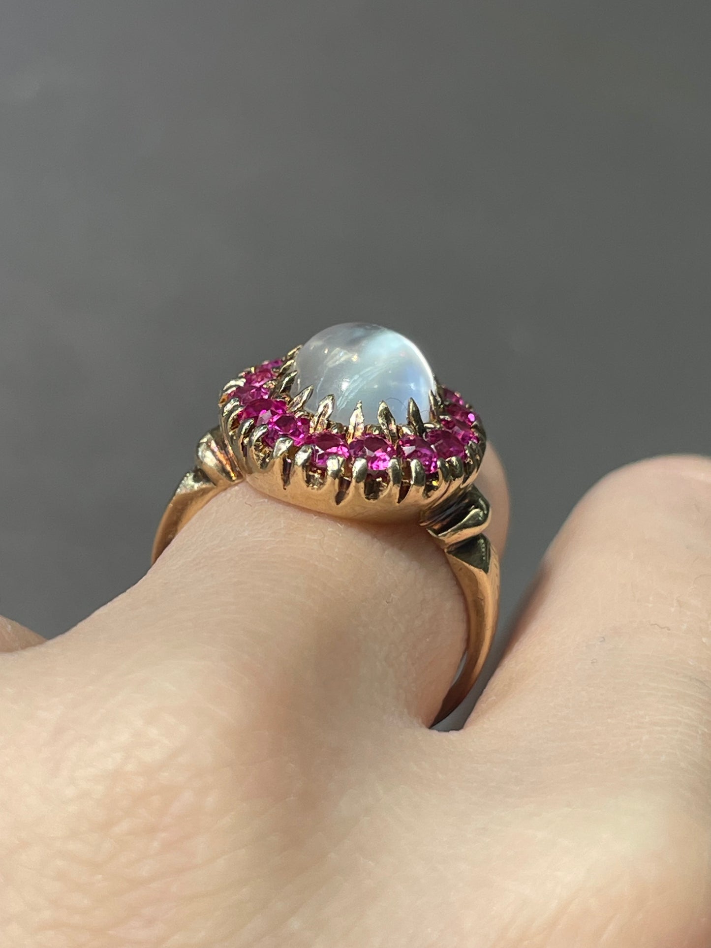 Victorian 10K Gold Ceylon Moonstone Ruby Halo Ring