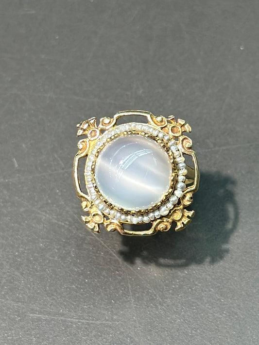 Bague victorienne en or 14 carats avec perles et pierre de lune