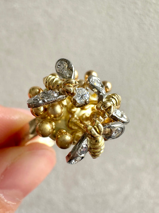 复古 14K 金钻石蜜蜂戒指