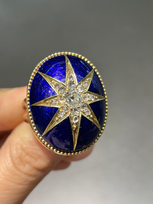 维多利亚 14K 黄金 0.95 CTW 钻石蓝色扭索纹珐琅星光戒指