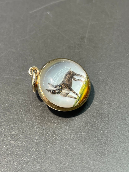 古董 14K 金反向彩绘埃塞克斯水晶“斗牛犬”吊坠饰品